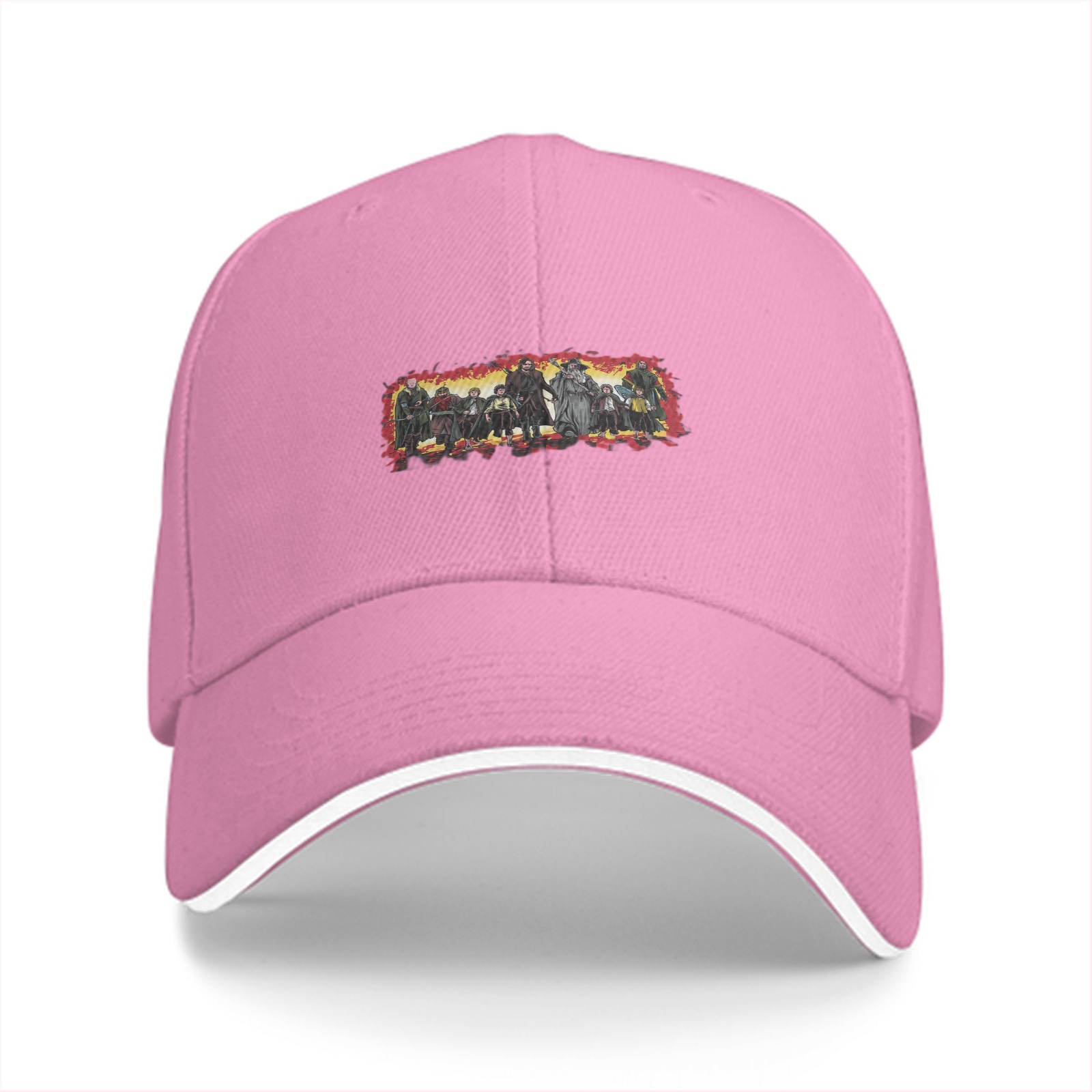 Black baseball cap with fantasy adventure group character print