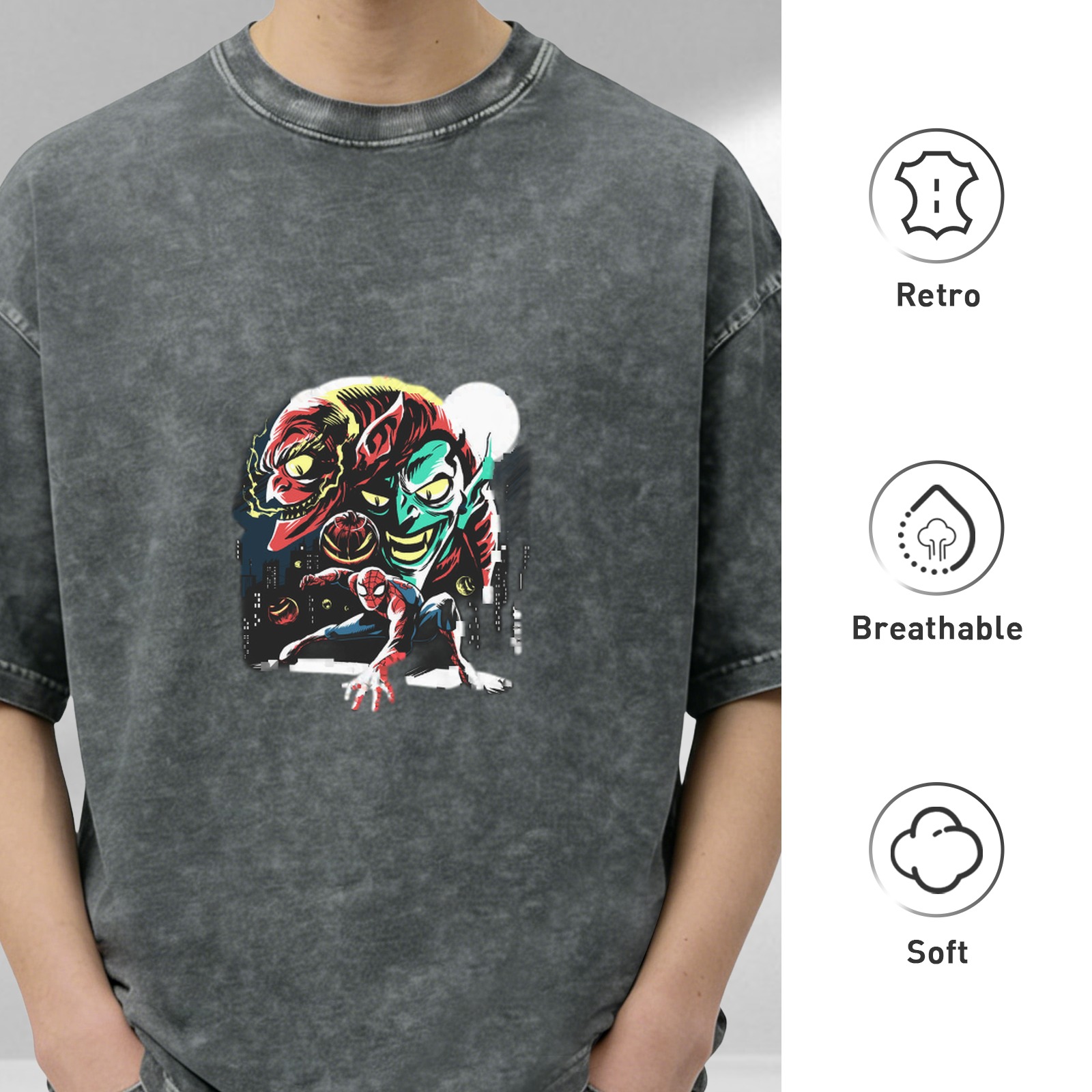 Oversized Acid Wash T-Shirt with Spider-Man and Green Goblin Graphic