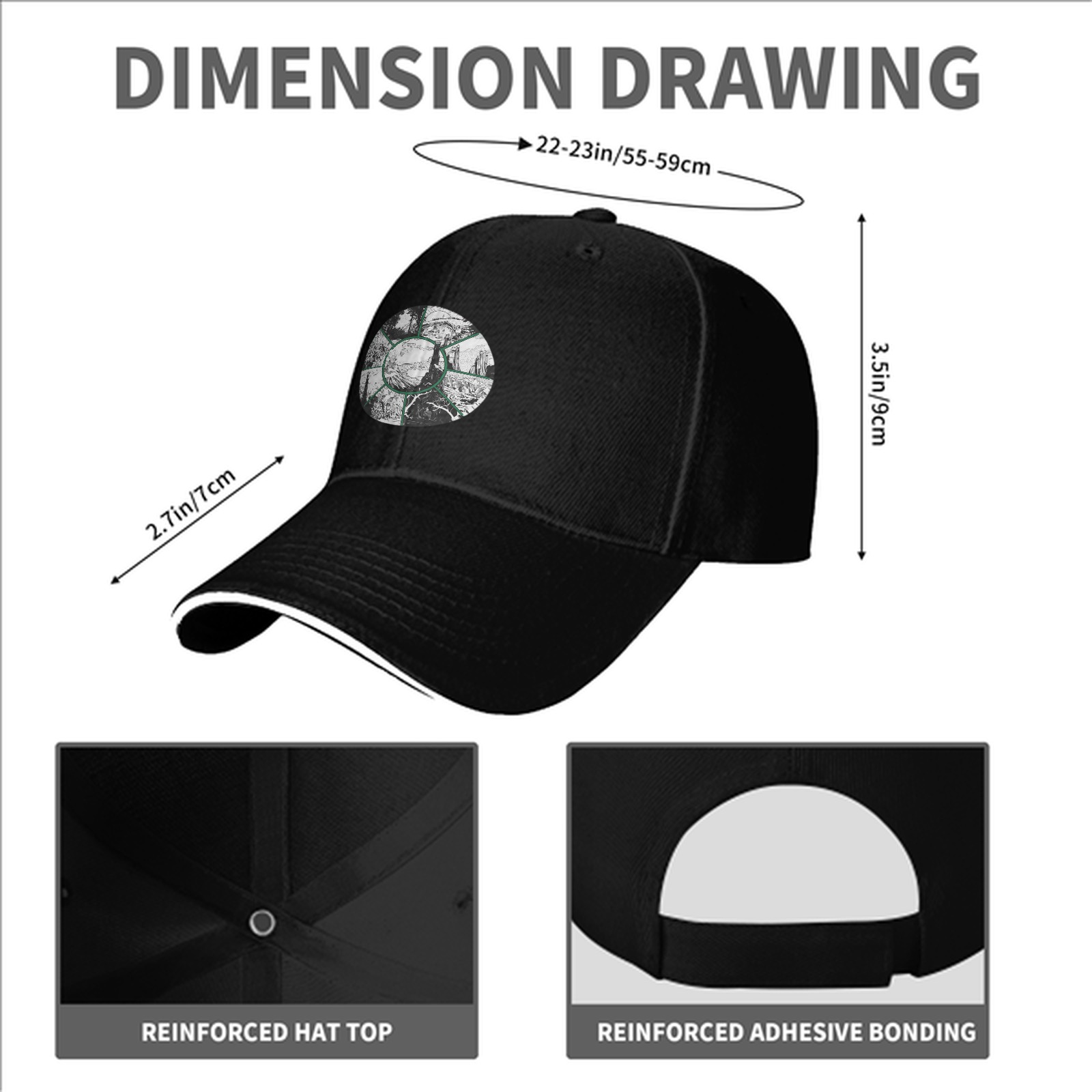 Black Baseball Cap With Circular Nature Landscape Graphic