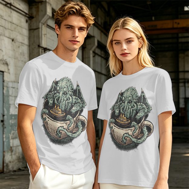 Cthulhu in a teacup with tiny ship graphic t-shirt