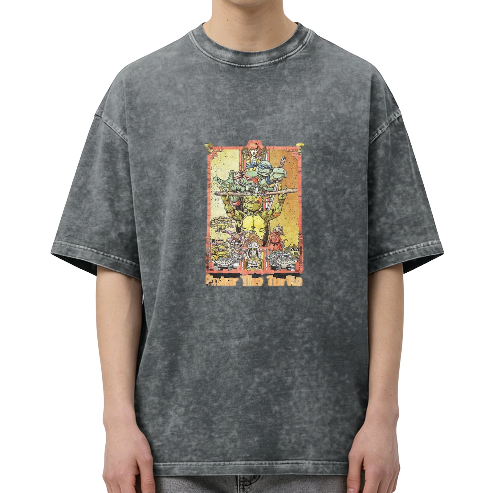 Vintage washed black Teenage Mutant Ninja Turtles themed printed short-sleeved T-shirt