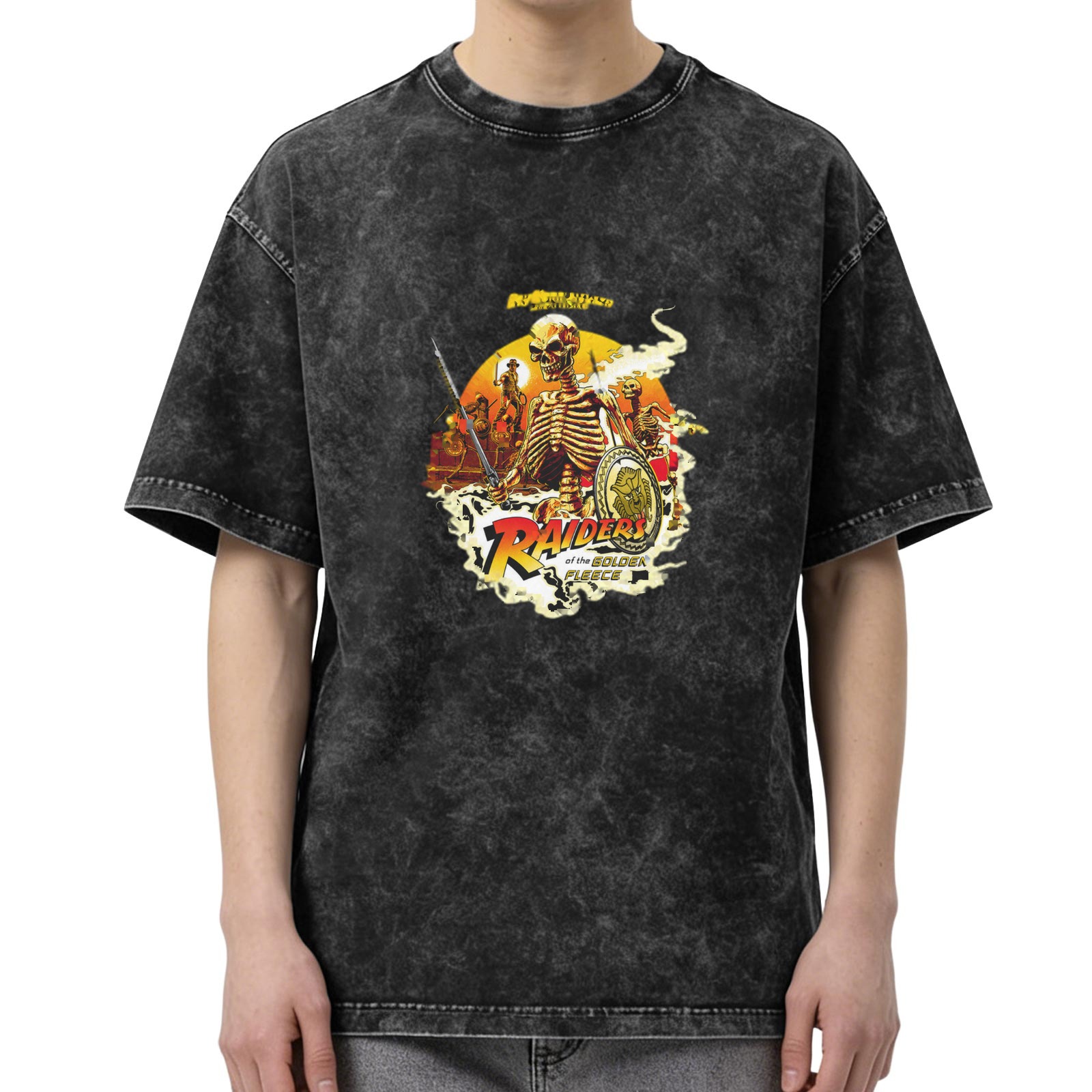 Washed Black Graphic T-Shirt with Raiders of the Golden Fleece Skeleton Print
