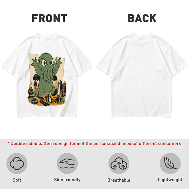 Olive T-shirt with cartoon Cthulhu monster destroying cityscape print
