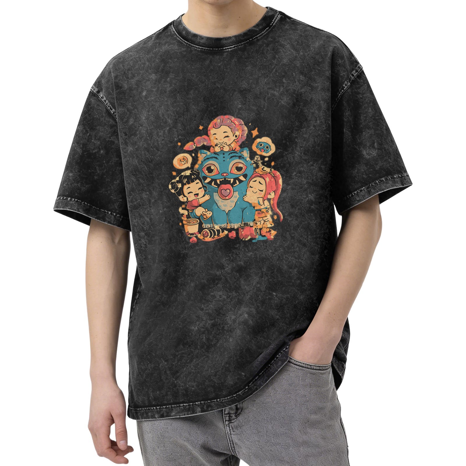 Oversized Vintage Wash T-shirt with Cute Monster & Chibi Characters Graphic Print, Dark Gray Acid Wash Casual Tee
