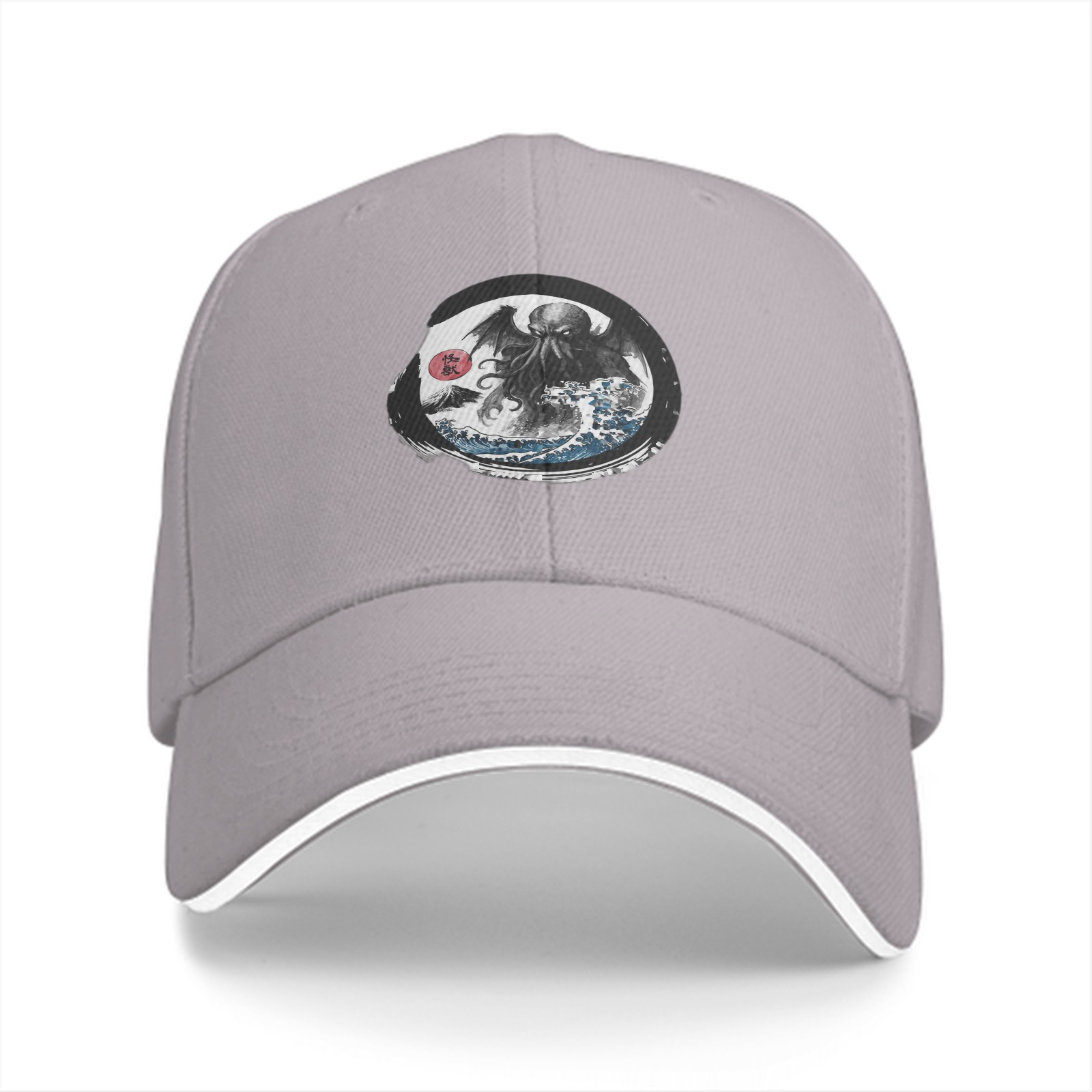 Black Baseball Cap with Cthulhu Great Wave Art Print