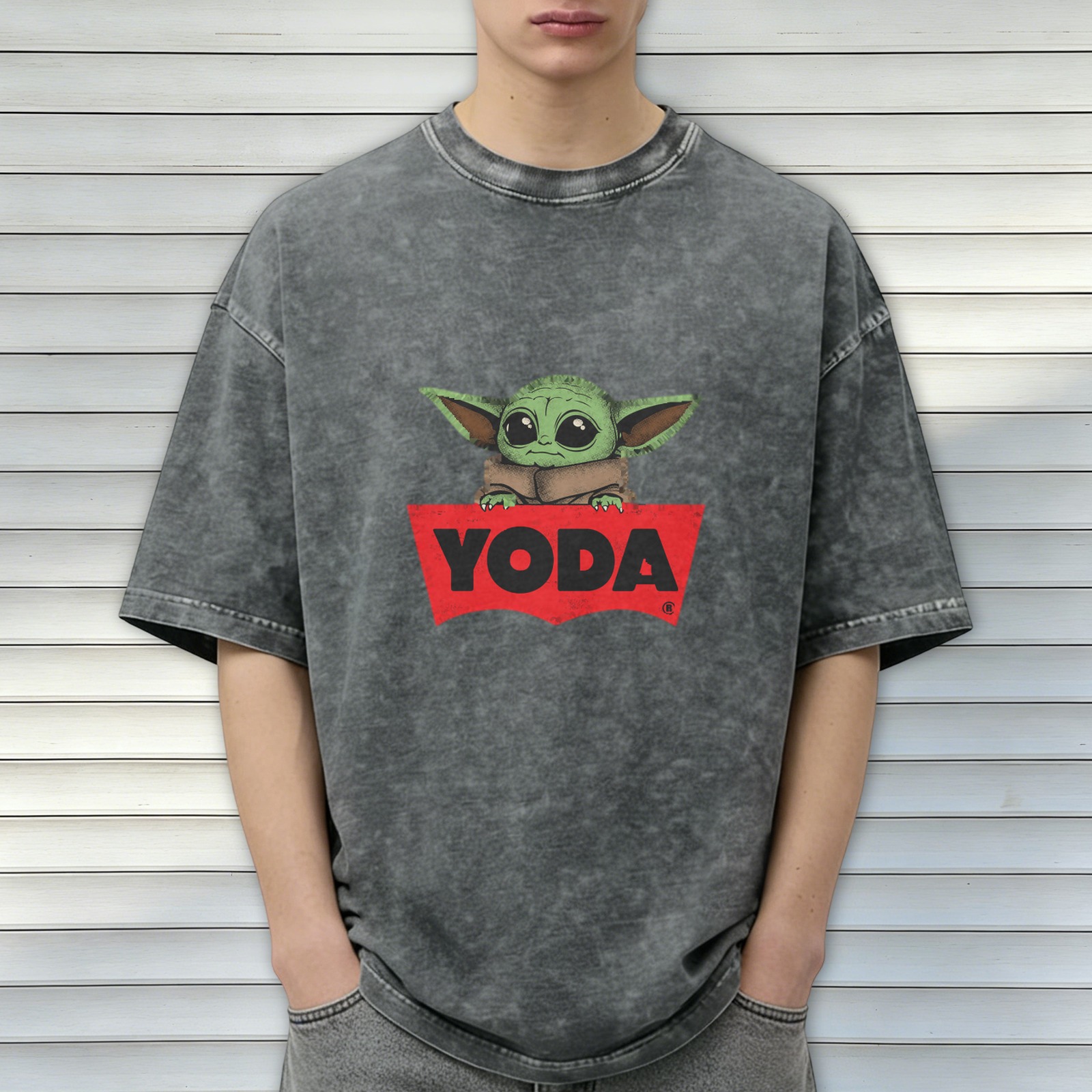 Baby Yoda Graphic Black Acid Wash Cotton T-Shirt