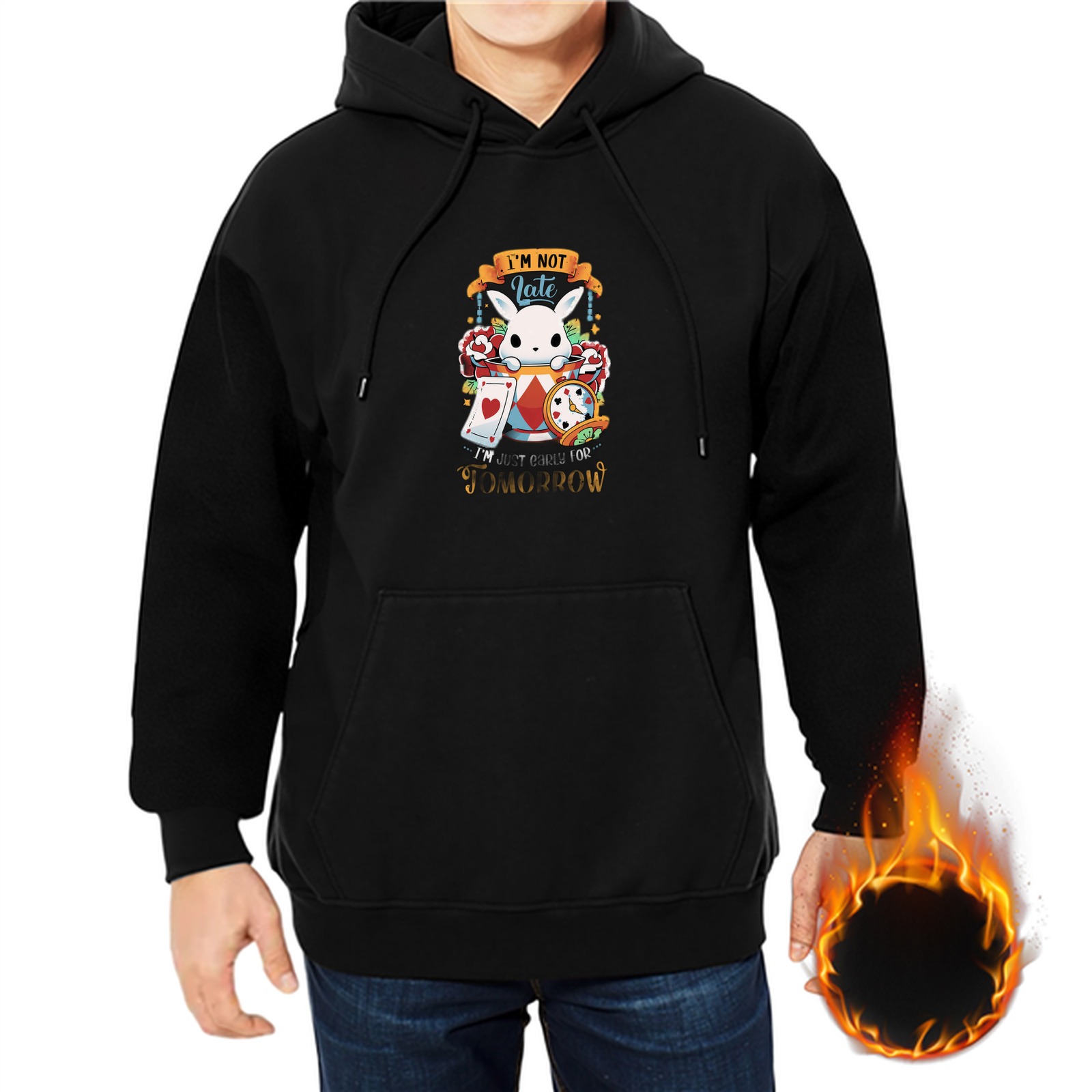 Black hoodie with Alice in Wonderland late rabbit print