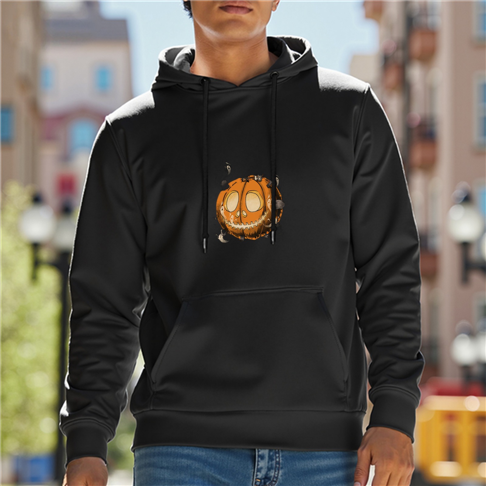 Black Hoodie With Spooky Halloween Pumpkin Jack-o'-lantern Print