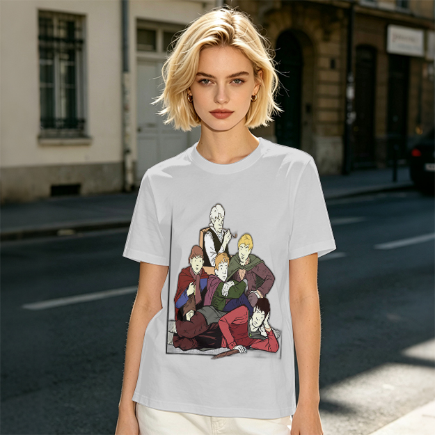 Olive T-shirt with Group of Fantasy Characters Graphic Print