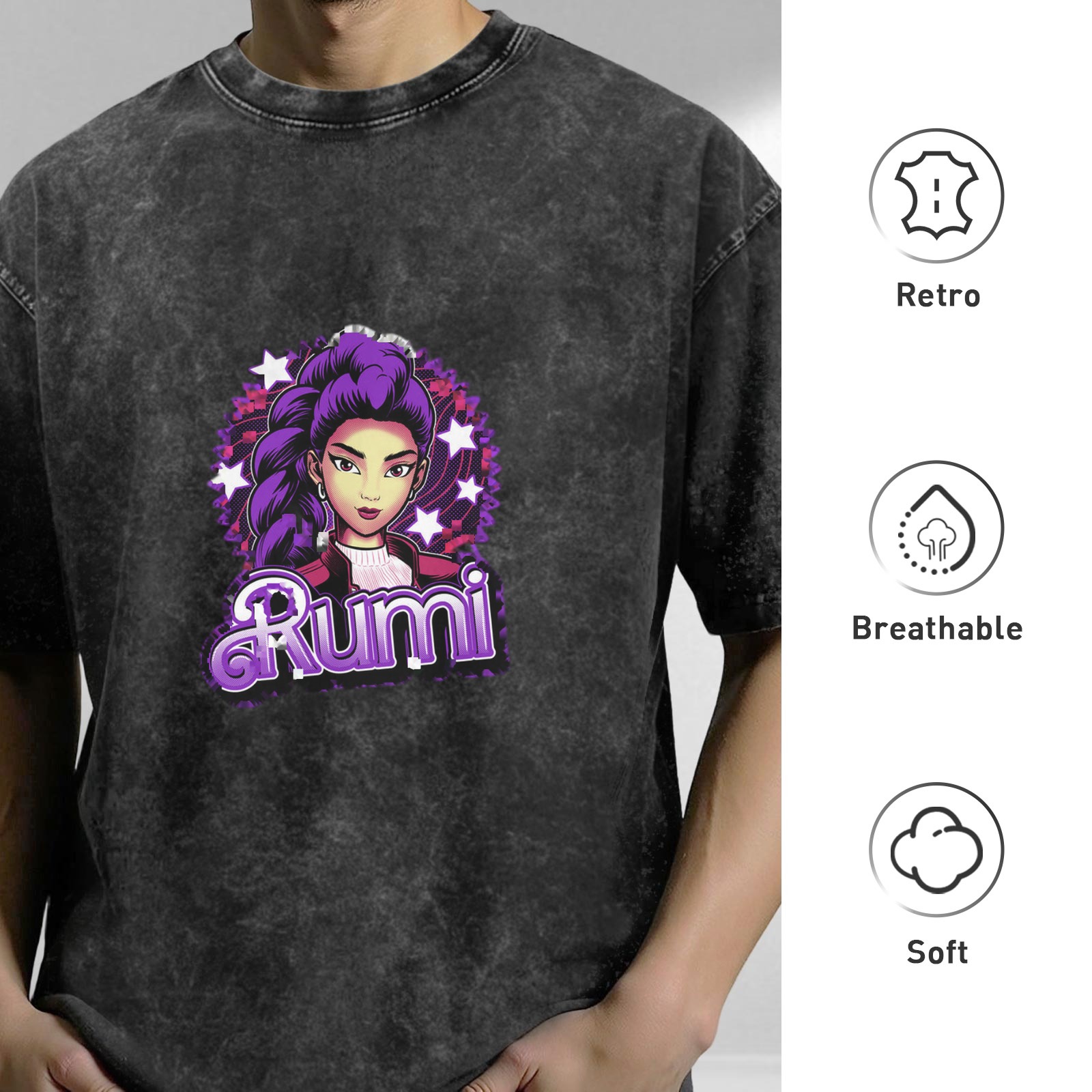 Oversized Black Acid Wash T-Shirt With Rumi Graphic Print