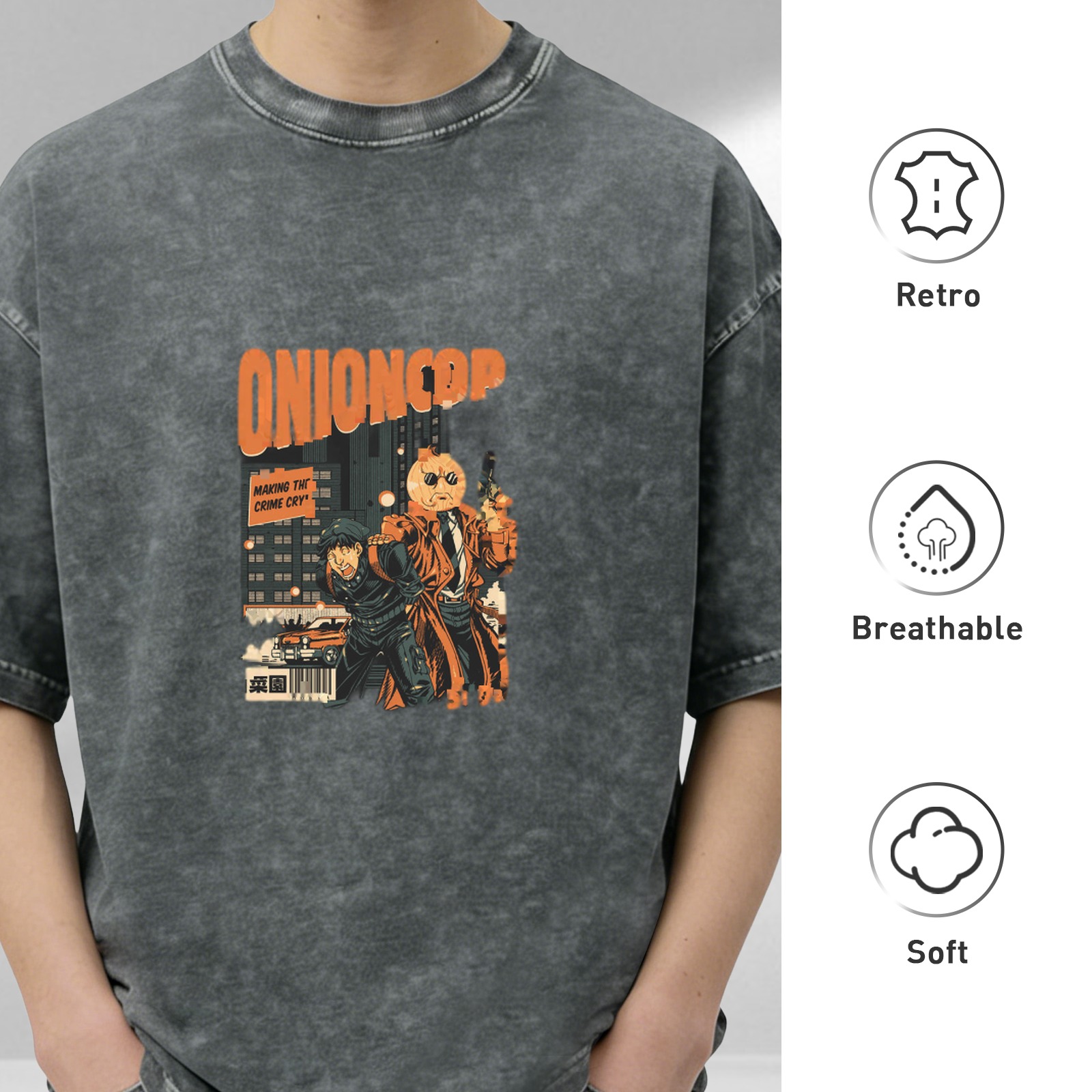 Onion Cop Graphic Vintage Wash Black T-Shirt