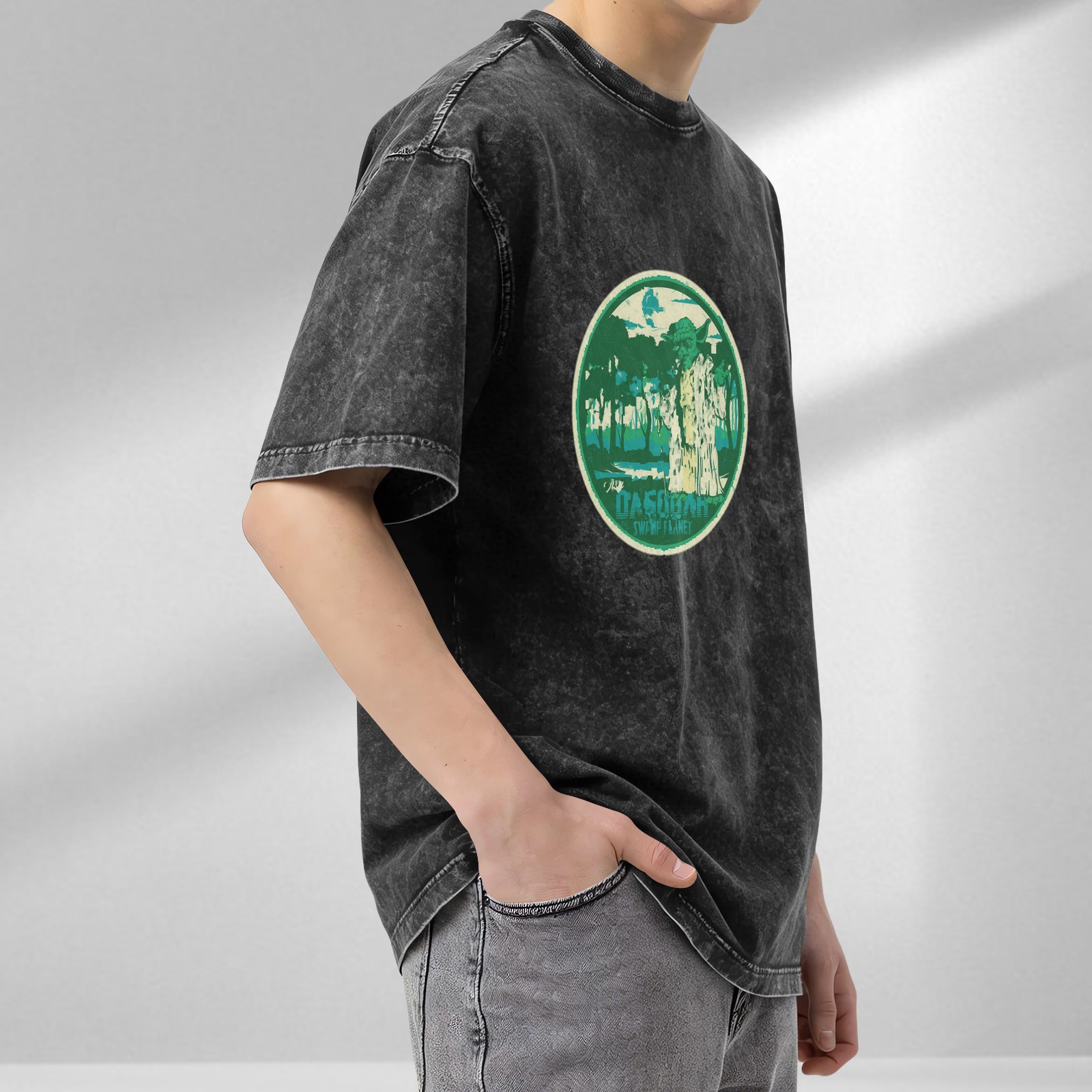 Oversized Acid Wash T-Shirt with Swamp Planet Graphic Print