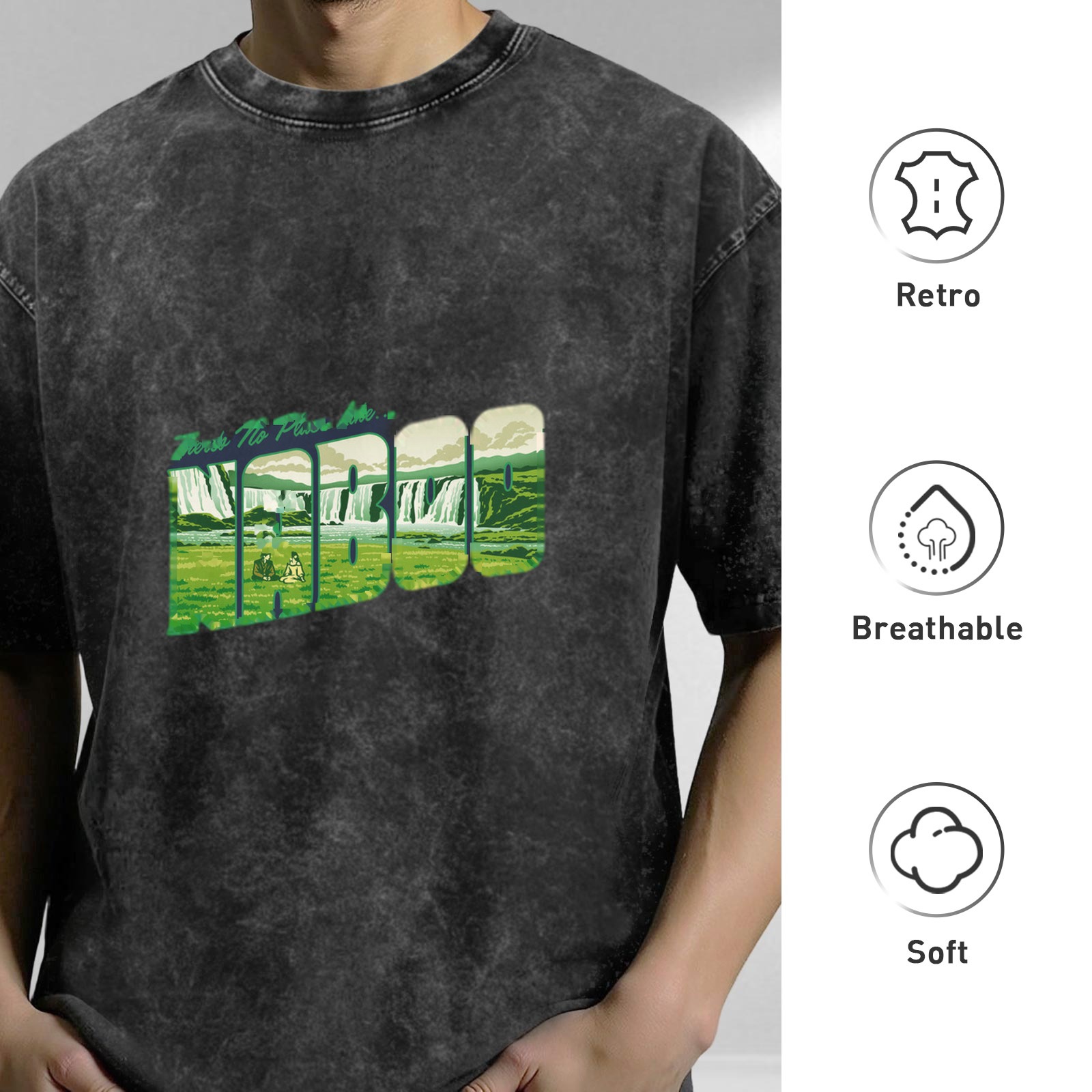 Oversized Acid Wash T-Shirt With Waterfall Landscape Graphic