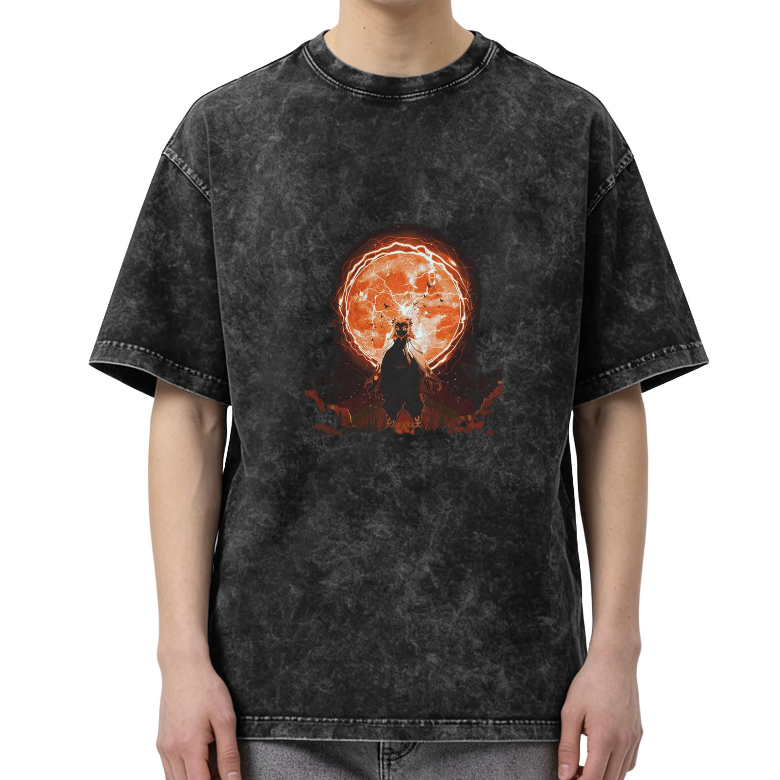 Washed Black Oversized T-Shirt With Anime Character Under Glowing Red Moon Graphic