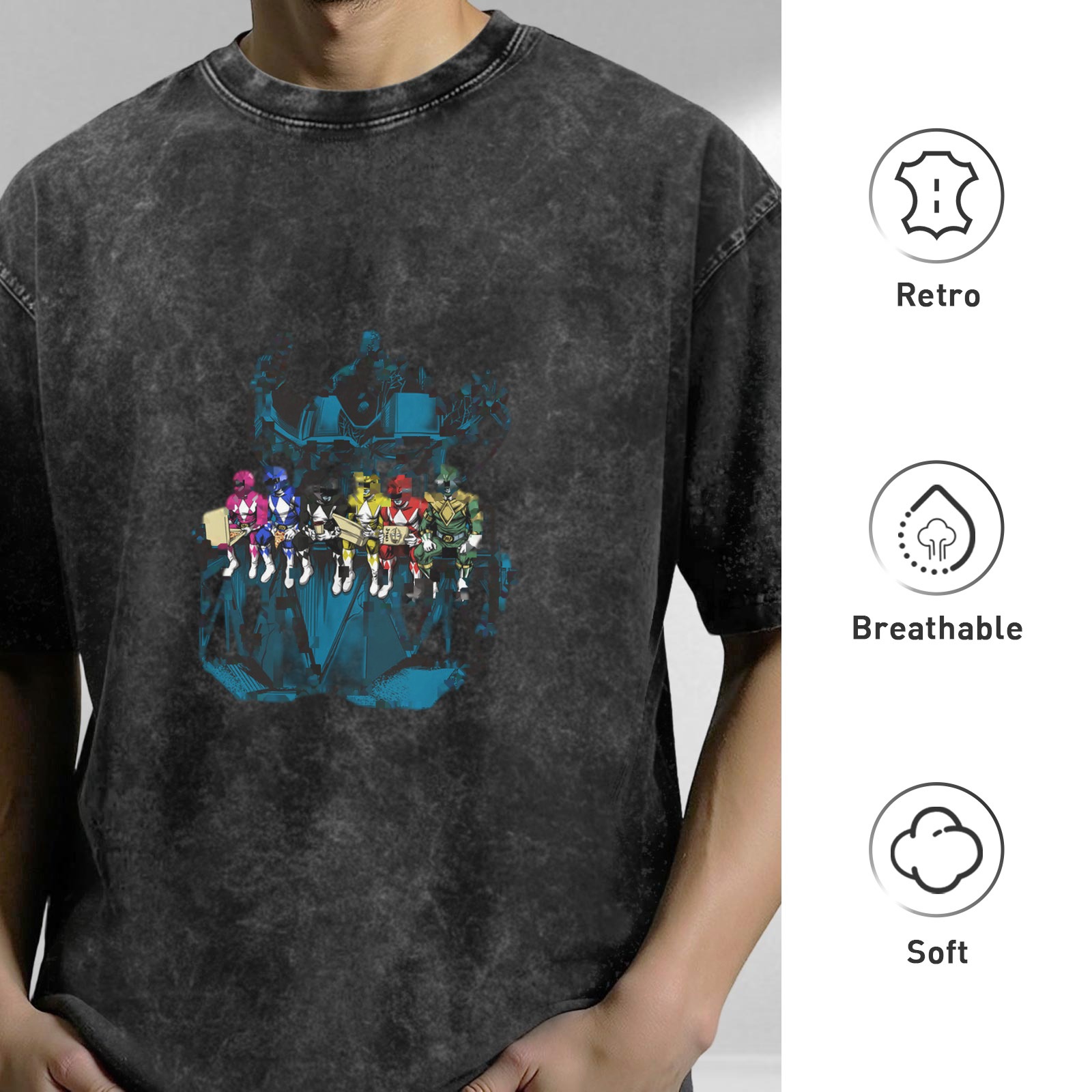 Washed Black Oversized T-Shirt with Power Rangers Graphic