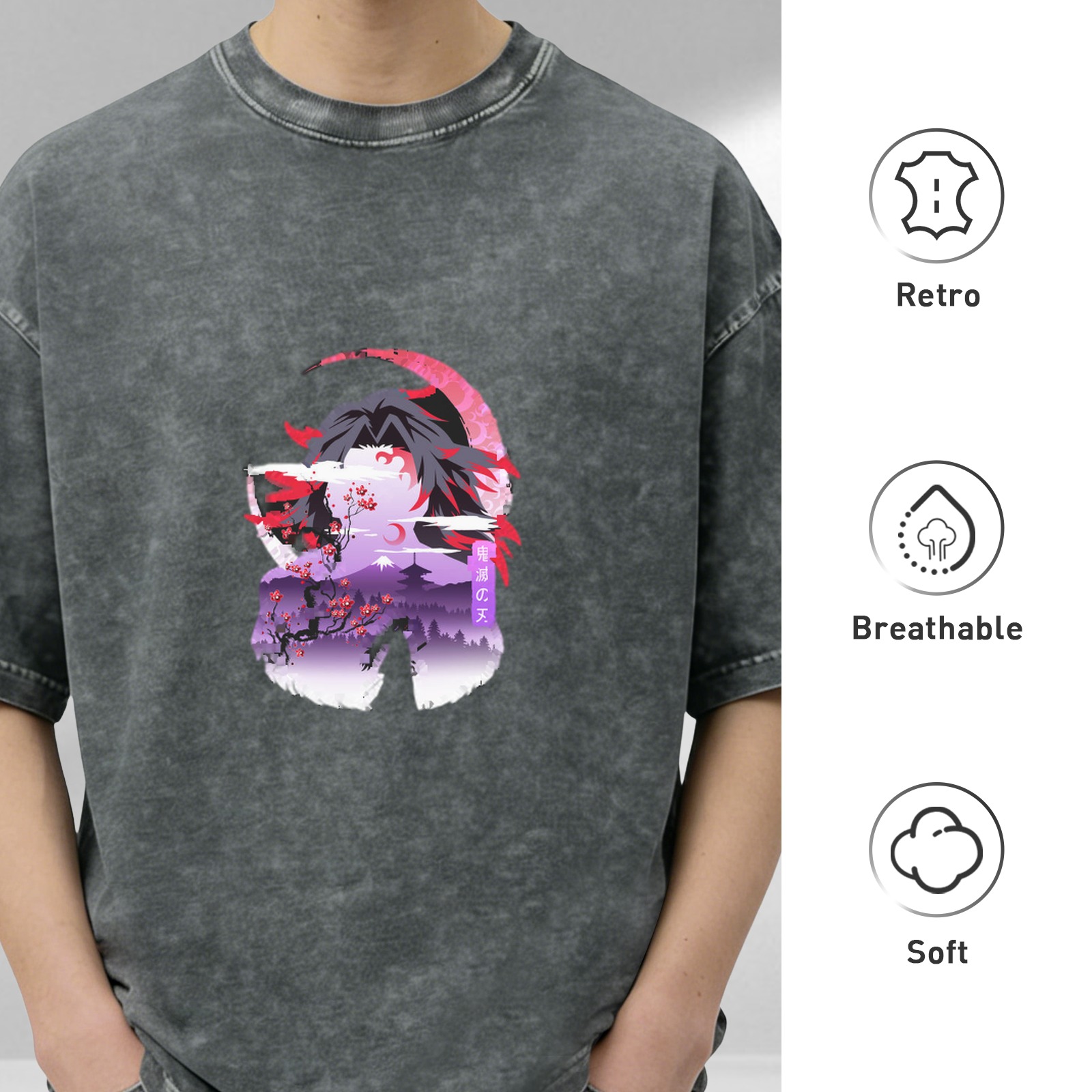 Oversized dark washed anime graphic t-shirt with samurai and cherry blossom design