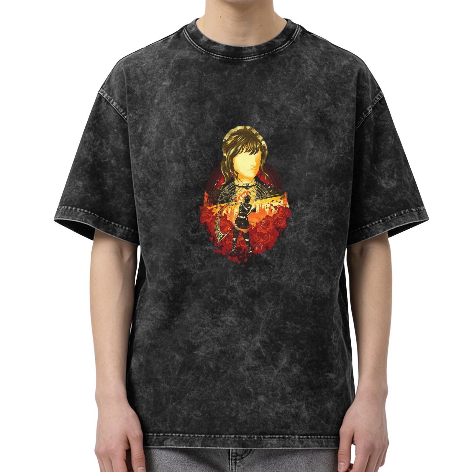 Washed Black Oversized T-Shirt With Fantasy Archer Graphic Print