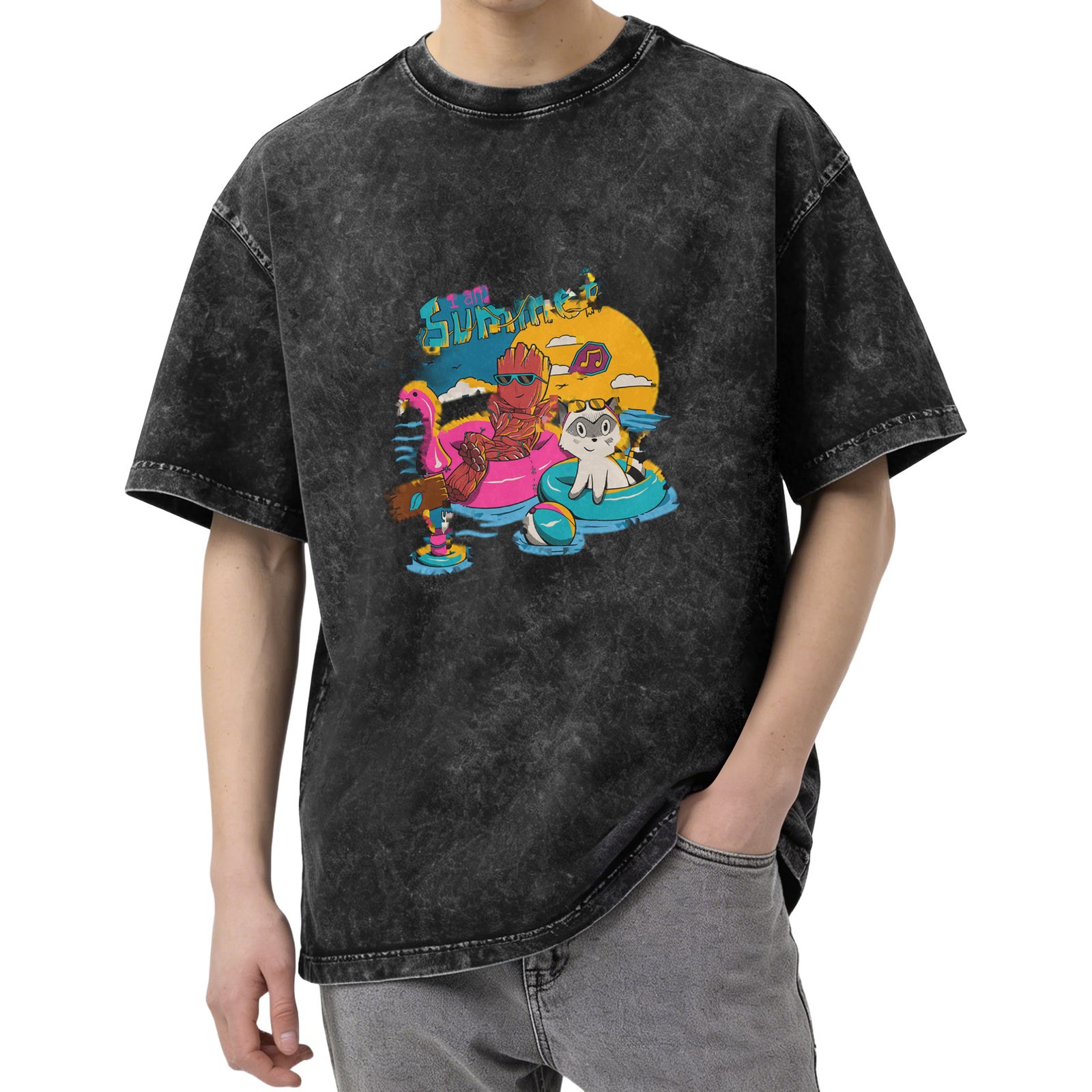 Washed Black Summer Pool Party Graphic T-Shirt with Cartoon Characters