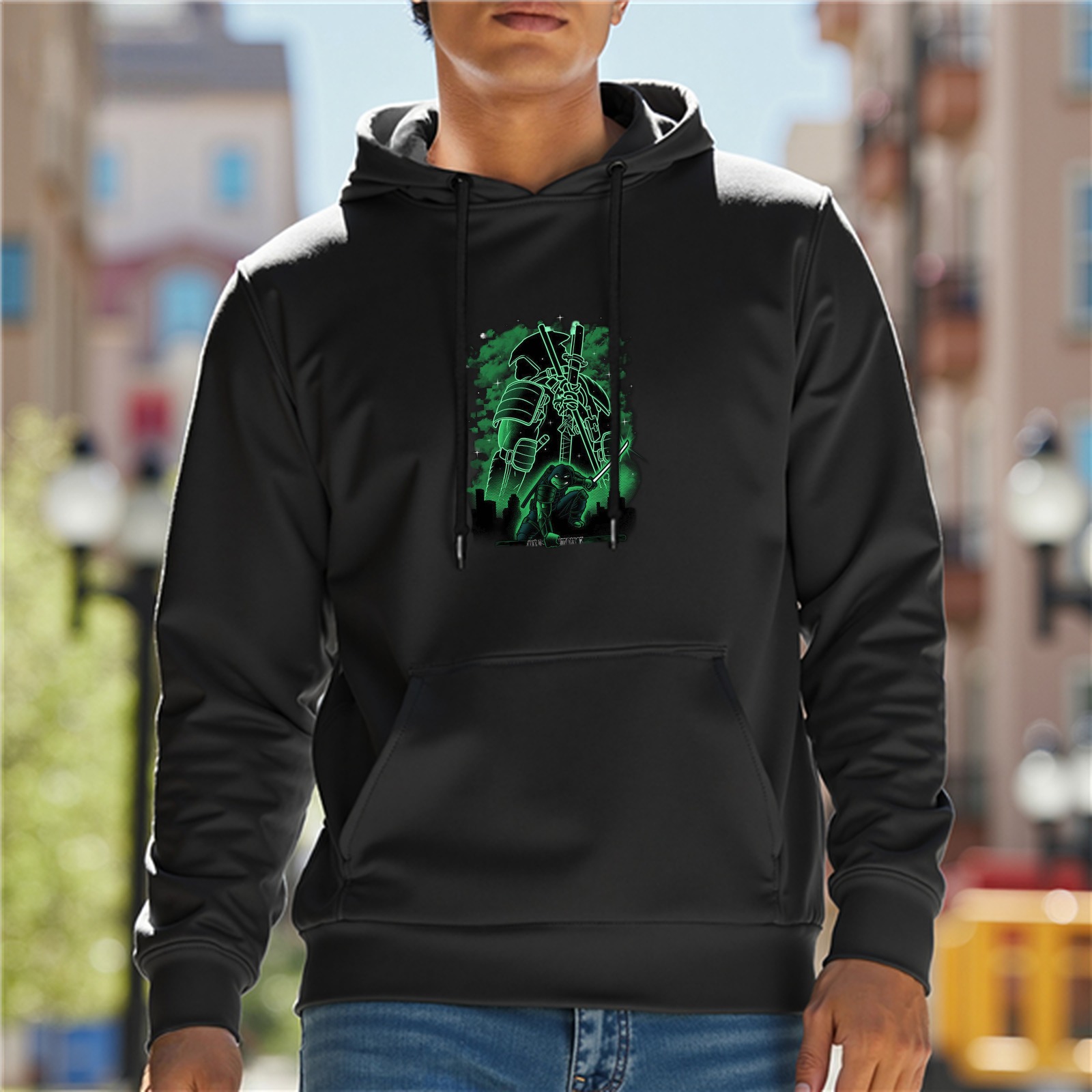 Black Hoodie With Glowing Green Samurai Warrior Graphic