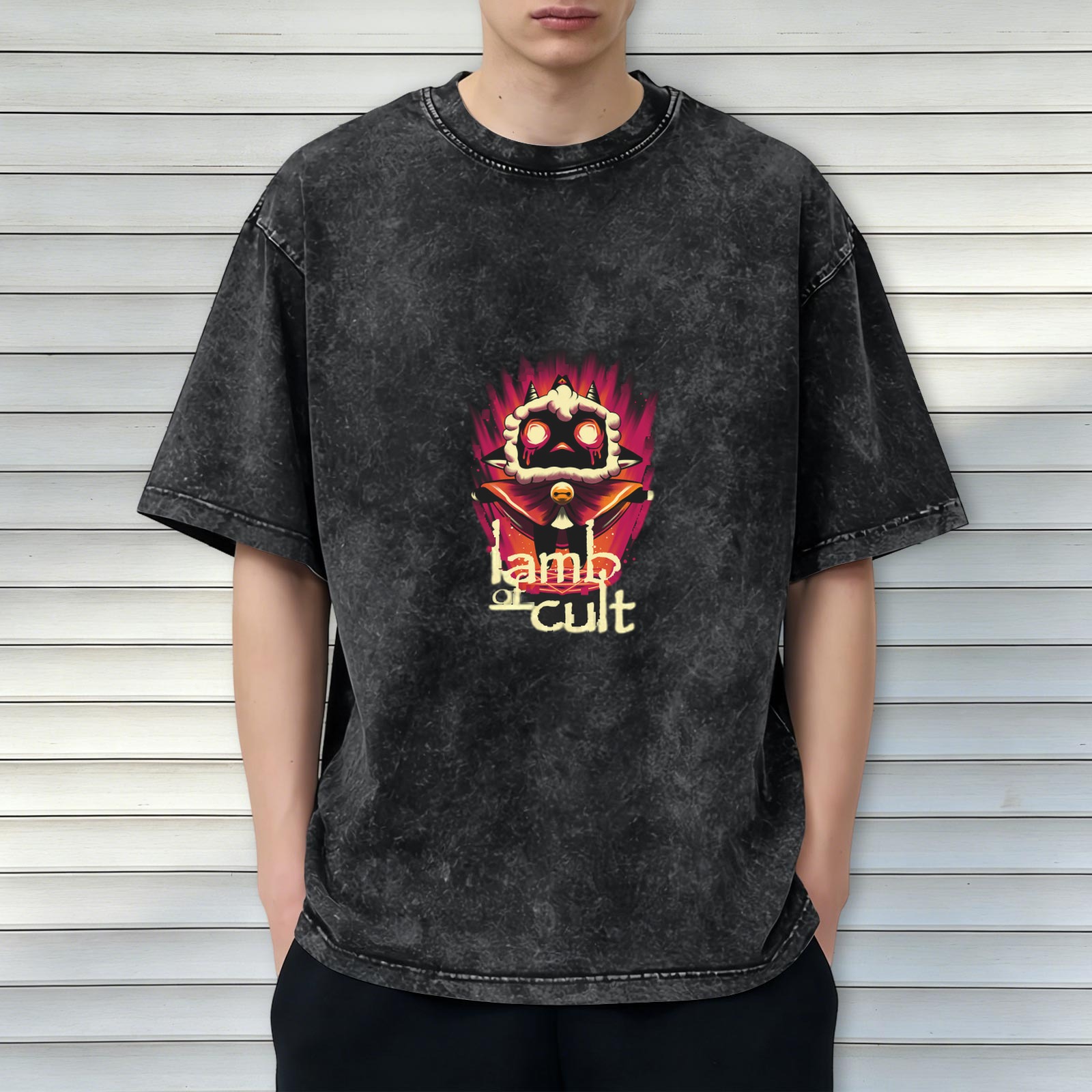 Washed Black Graphic T-Shirt With Lamb Of Cult Artwork