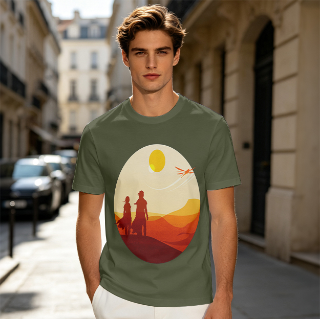 Desert landscape with silhouetted figures and flying craft graphic tee