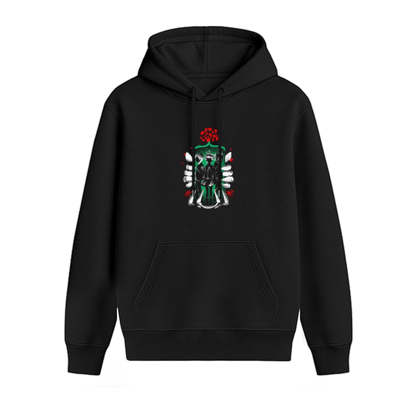 Black hoodie with skeleton hands holding stylized figures graphic
