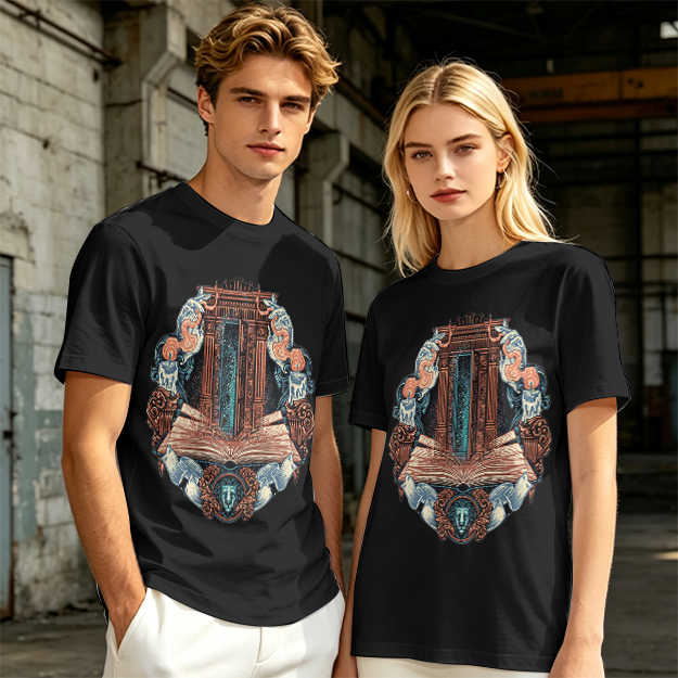 Olive T-Shirt With Ornate Architectural Book Print