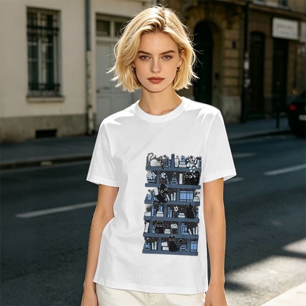 Olive Green T-Shirt With Black Cats On Bookshelves Graphic