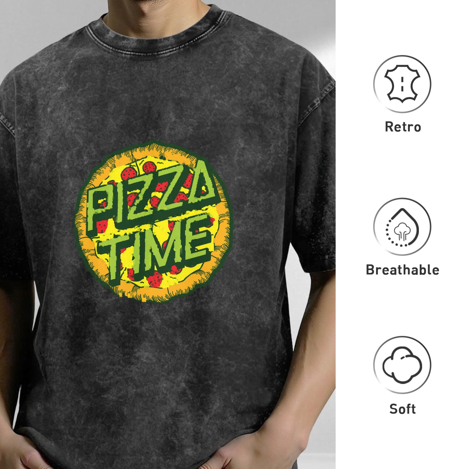 oversized acid wash t-shirt with pizza time graphic print