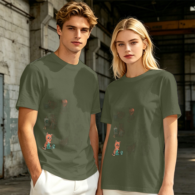Olive Green Graphic T-Shirt With Cute Animal Print