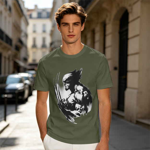 Olive T-shirt with Ink Style Wolverine Graphic Print