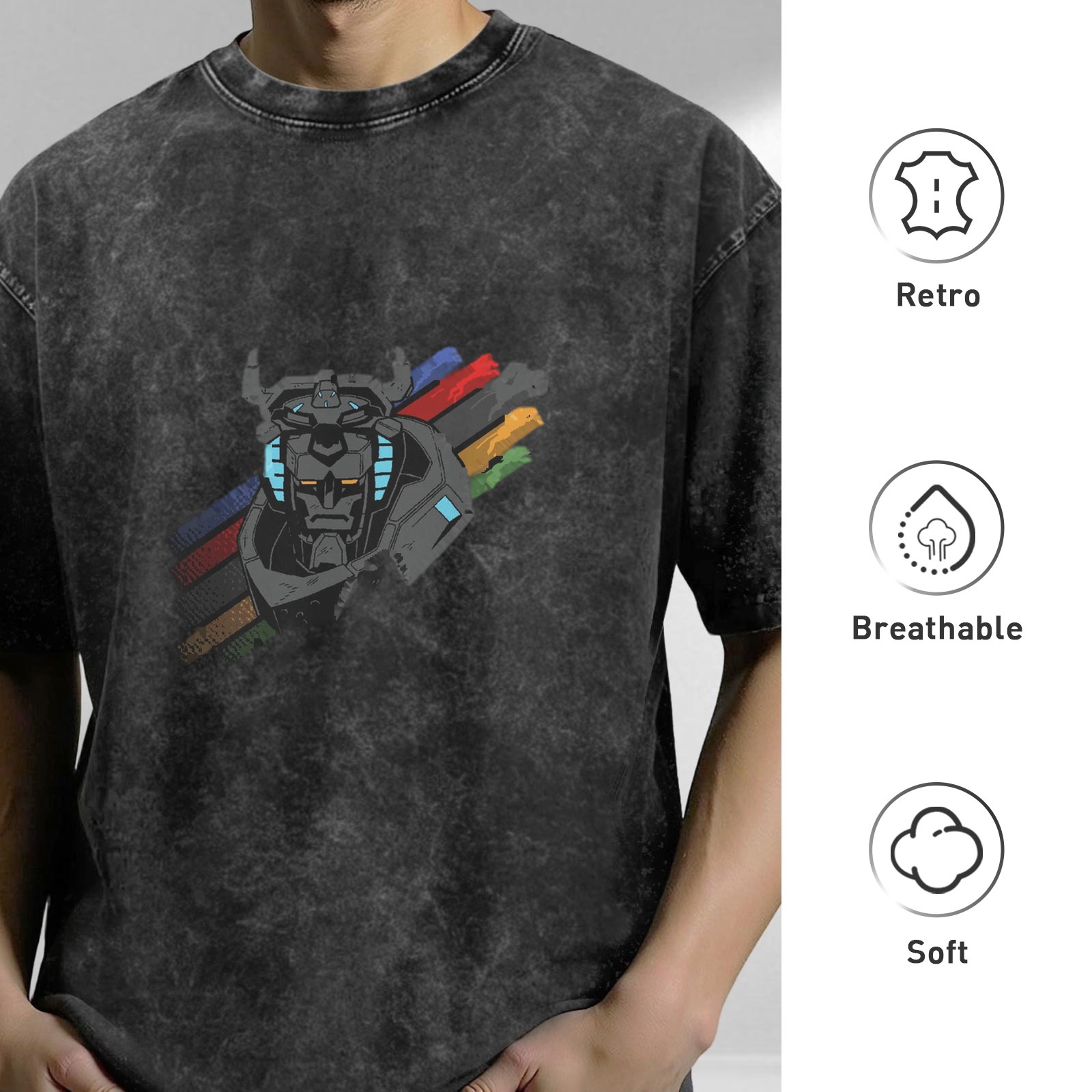 Distressed black loose short-sleeved T-shirt Voltron mecha print