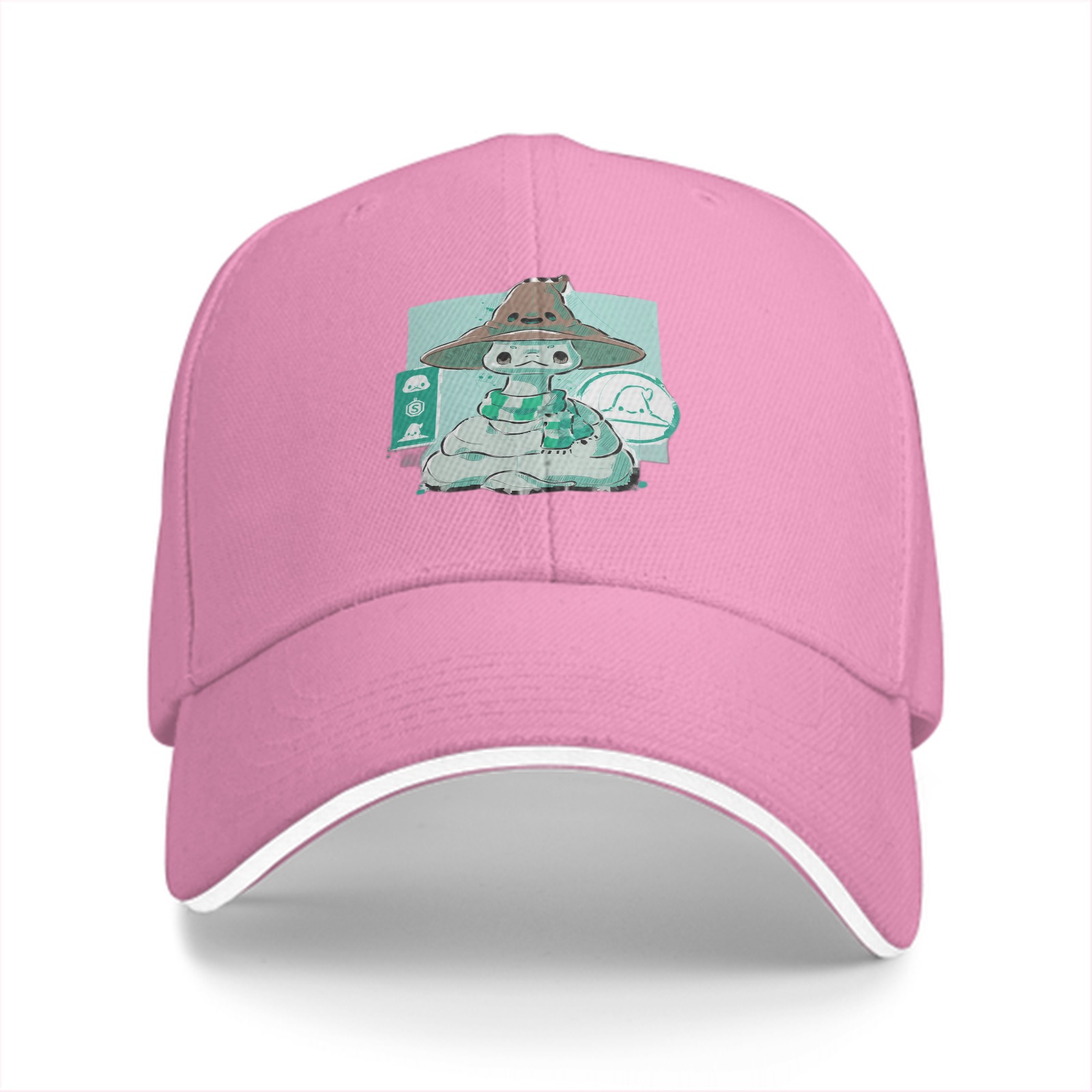 Black Baseball Cap With Cute Witch Snake Character Graphic