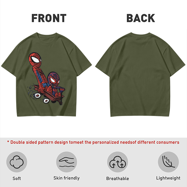 Olive T-shirt with Chibi Spider-Men Riding a Wagon Graphic