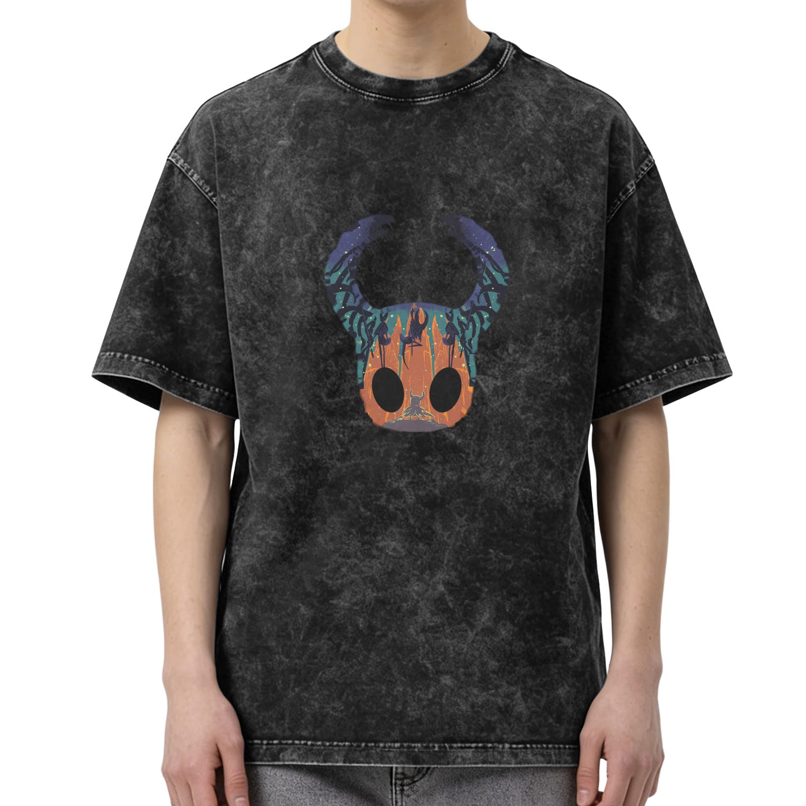 Washed Black Graphic T-Shirt with Hollow Knight Style Horned Mask Design