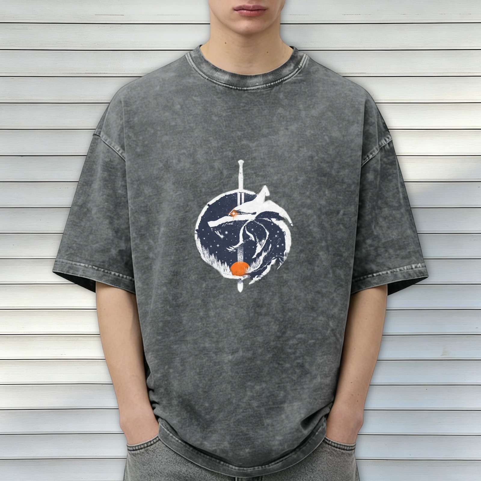 Distressed washed black round neck short-sleeved T-shirt Wizard themed wolf and sword printed loose top