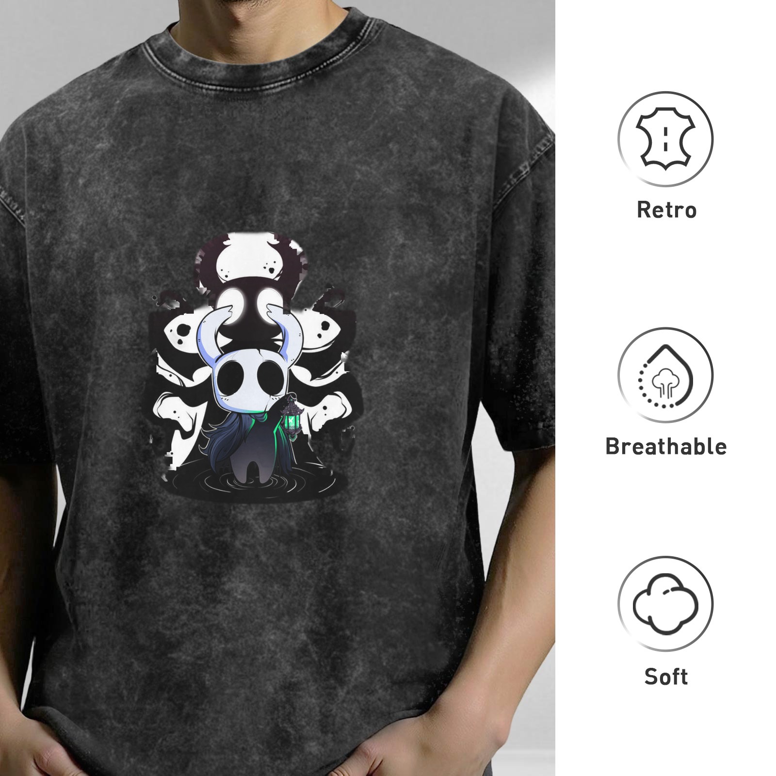 Hollow Knight themed washed distressed black loose short-sleeved T-shirt