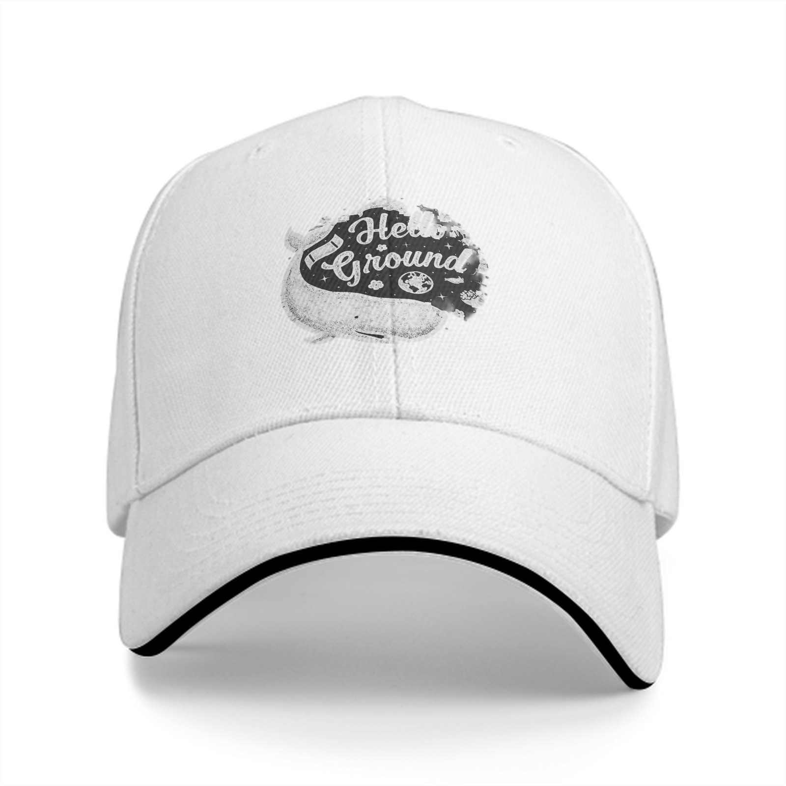 Black baseball cap with Hello Ground whale graphic print