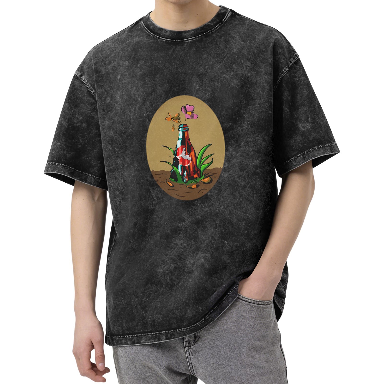 Oversized dark washed t-shirt with bottle and flower graphic print