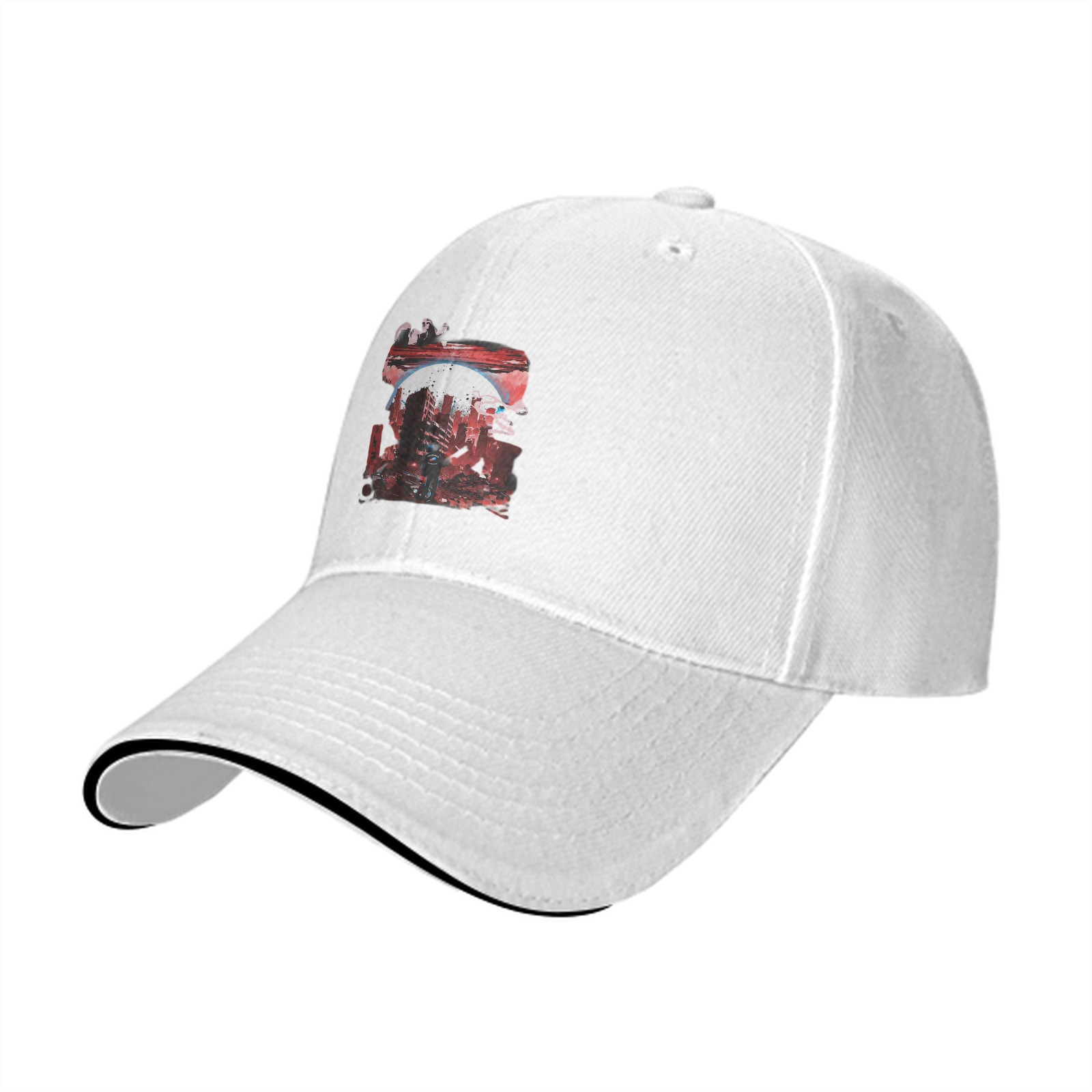 Black Baseball Cap with Abstract Red Cityscape Print