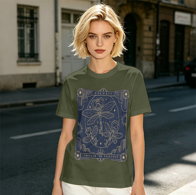 Olive t-shirt with winged keys tarot-style graphic design