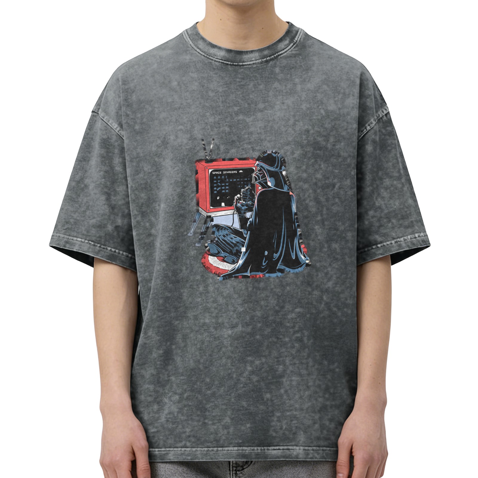 Vintage Washed Black T-Shirt with Darth Vader Retro Computer Graphic Print