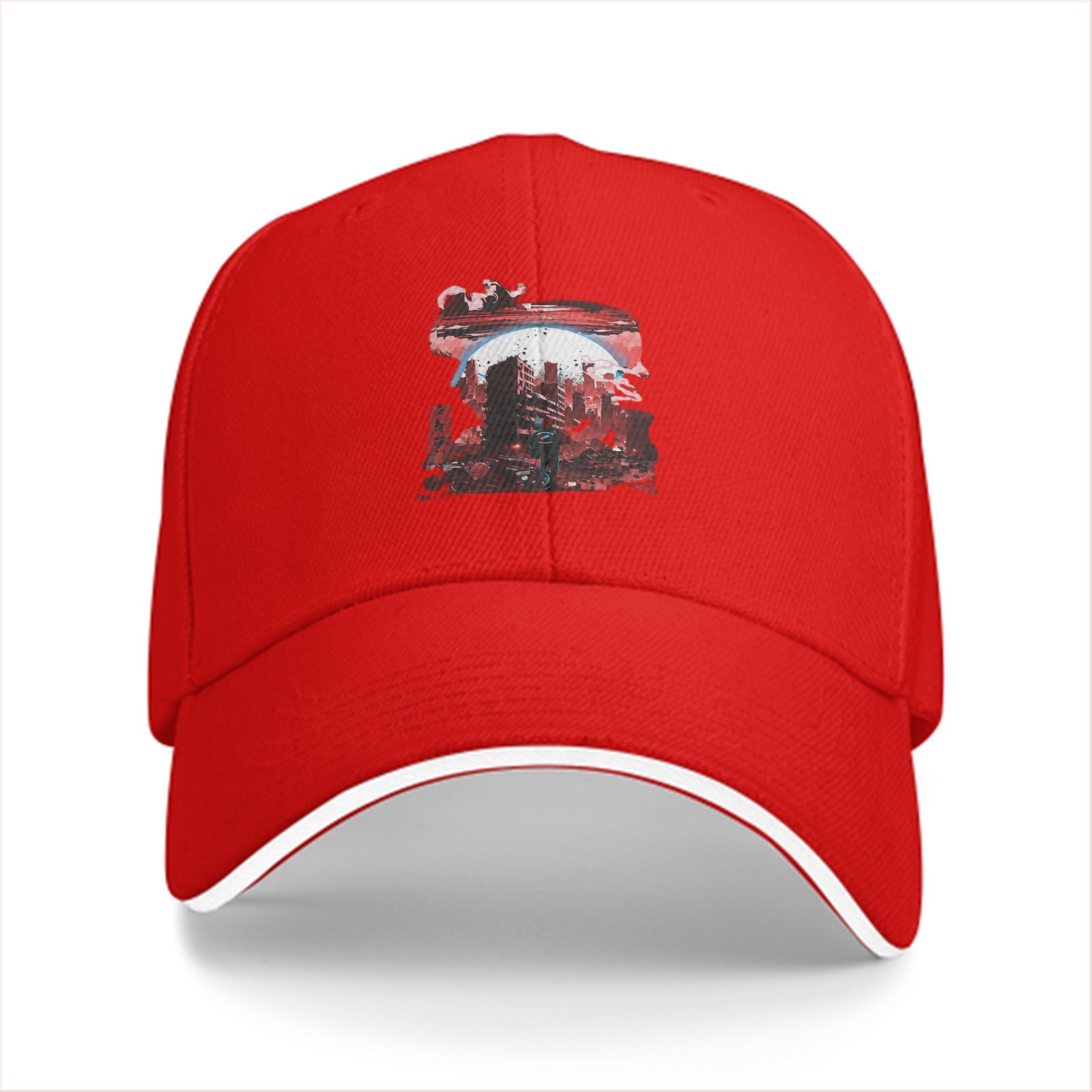 Black Baseball Cap with Abstract Red Cityscape Print