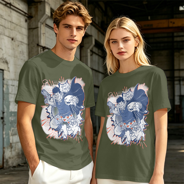 Olive T-Shirt with Playful Comic Style Character Print