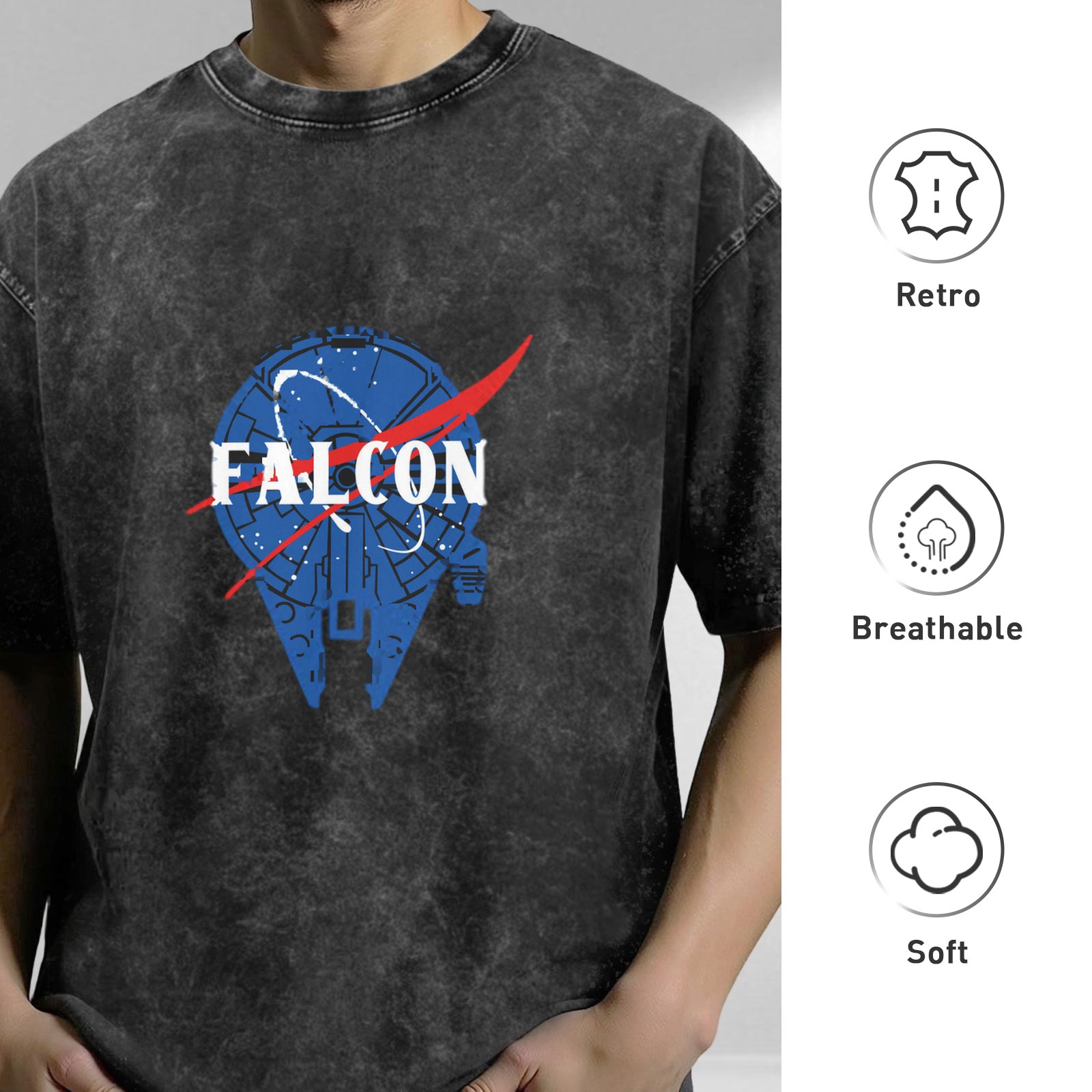 Distressed black Star Wars Millennium Falcon NASA style printed short-sleeved T-shirt Loose washed crew neck top