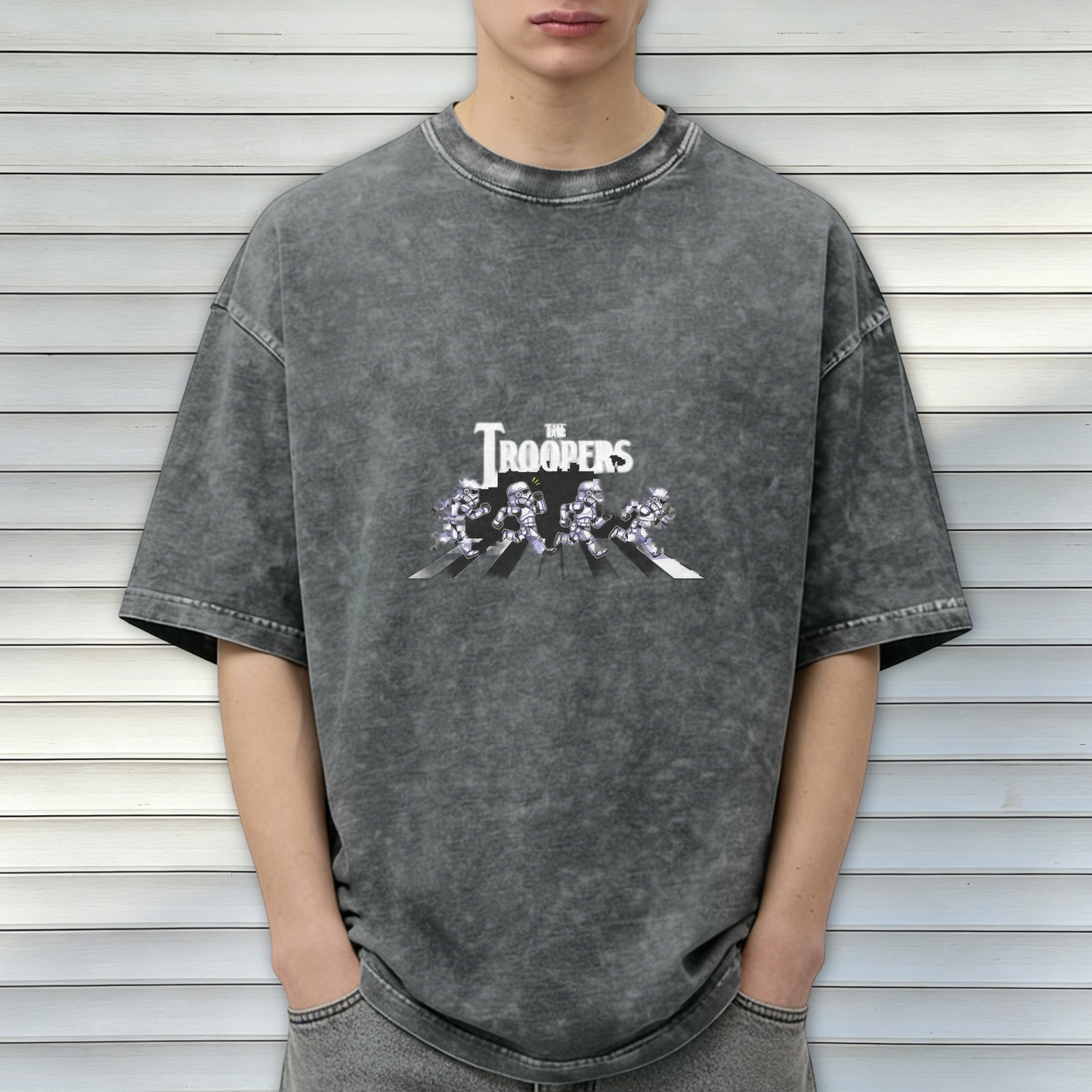 Oversized dark washed graphic t-shirt with Star Wars troopers Abbey Road parody