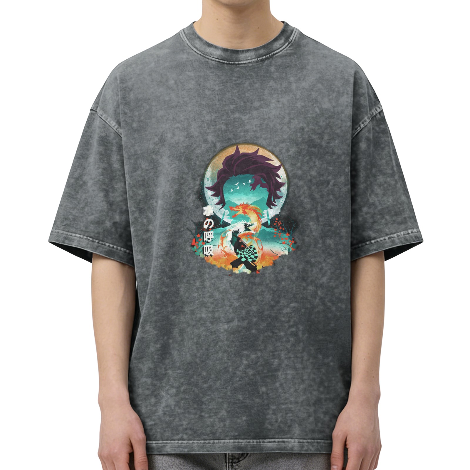 Demon Slayer Tanjiro Water Breathing Anime Graphic Oversized Acid Wash T-Shirt