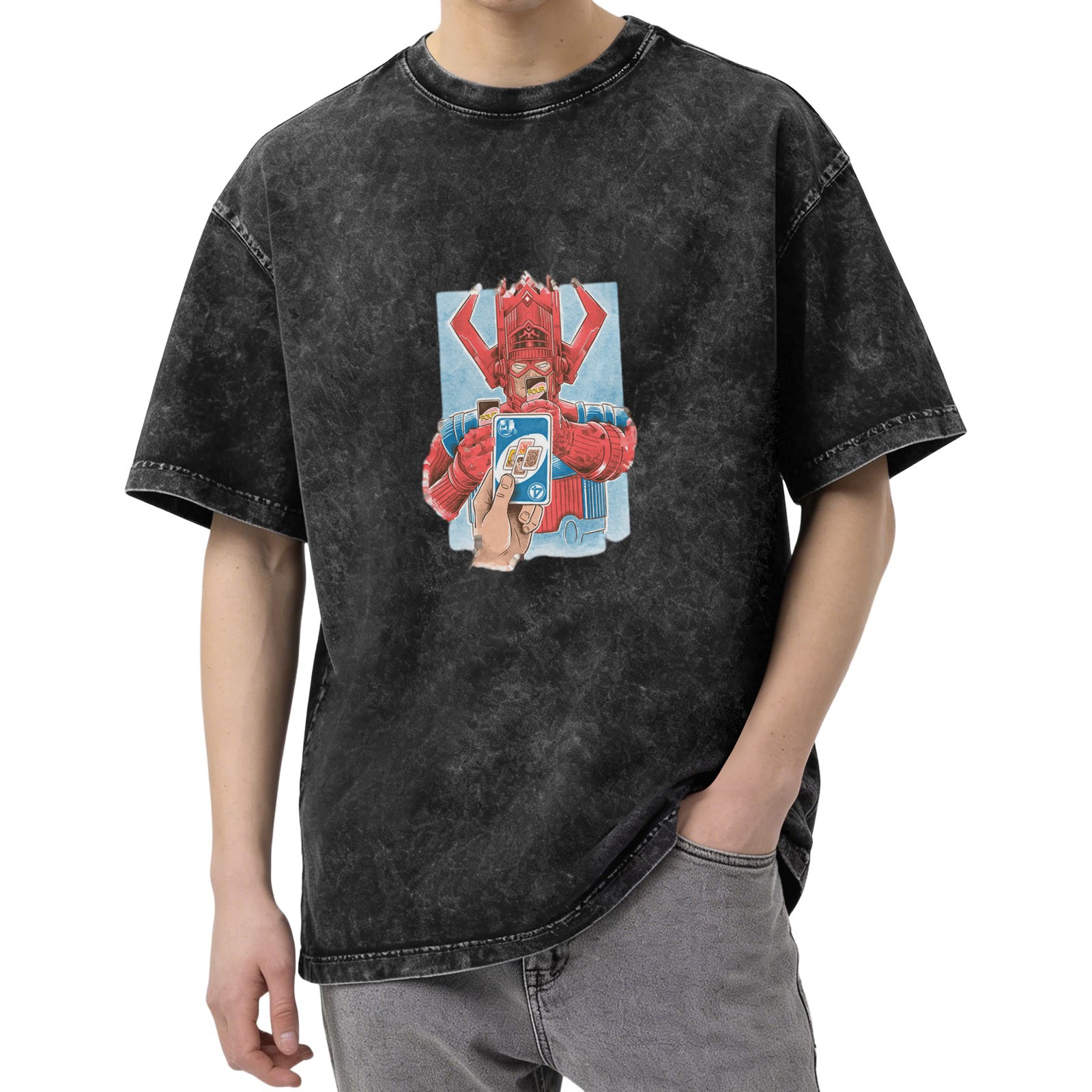 Galactus holding Uno card graphic on acid wash t-shirt