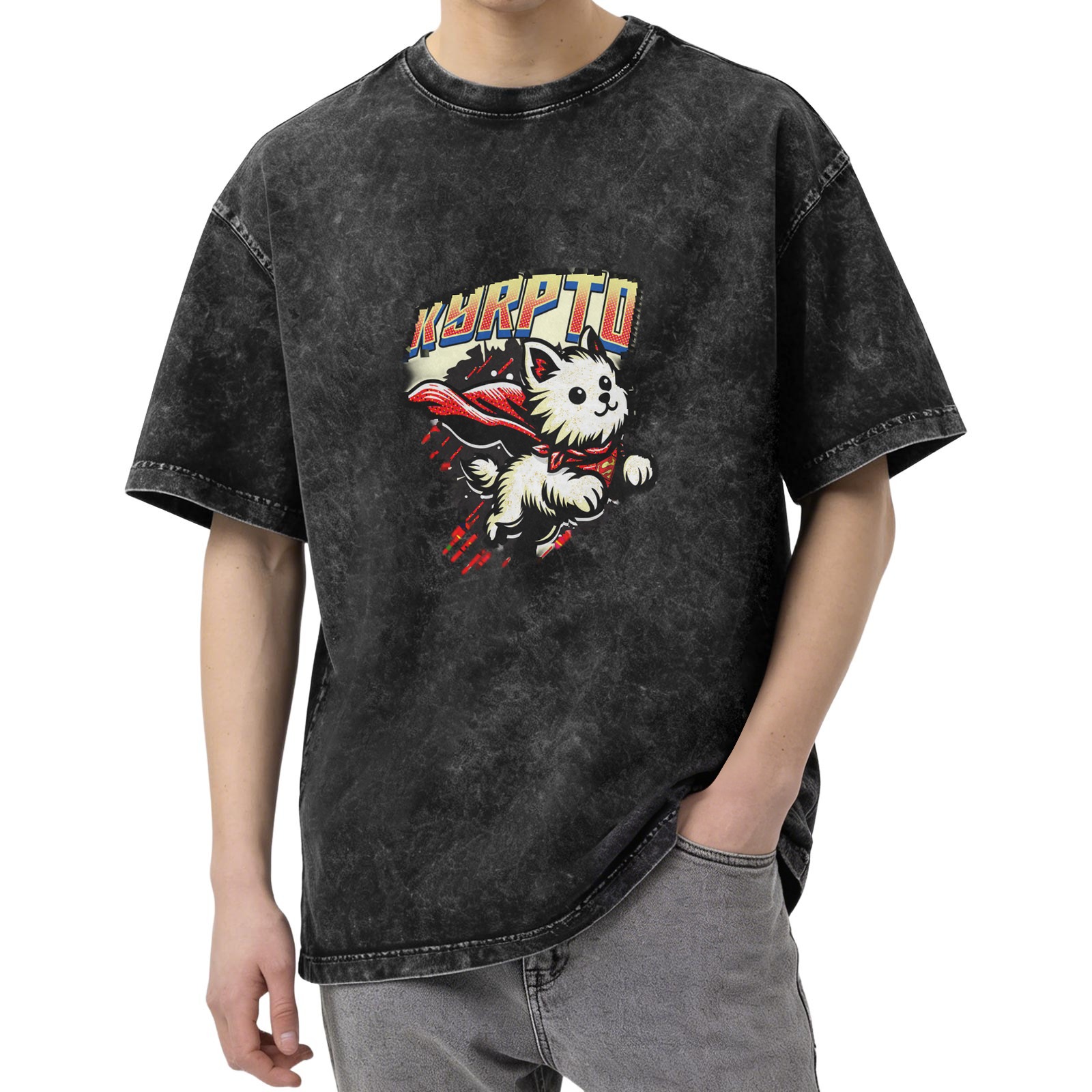 Washed Black Oversized T-Shirt with Superhero Flying Puppy Graphic