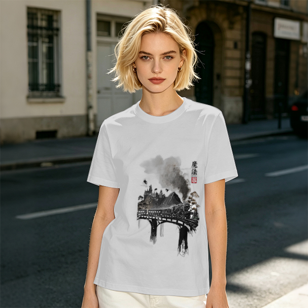 Olive green t-shirt with ink-style piano and landscape graphic